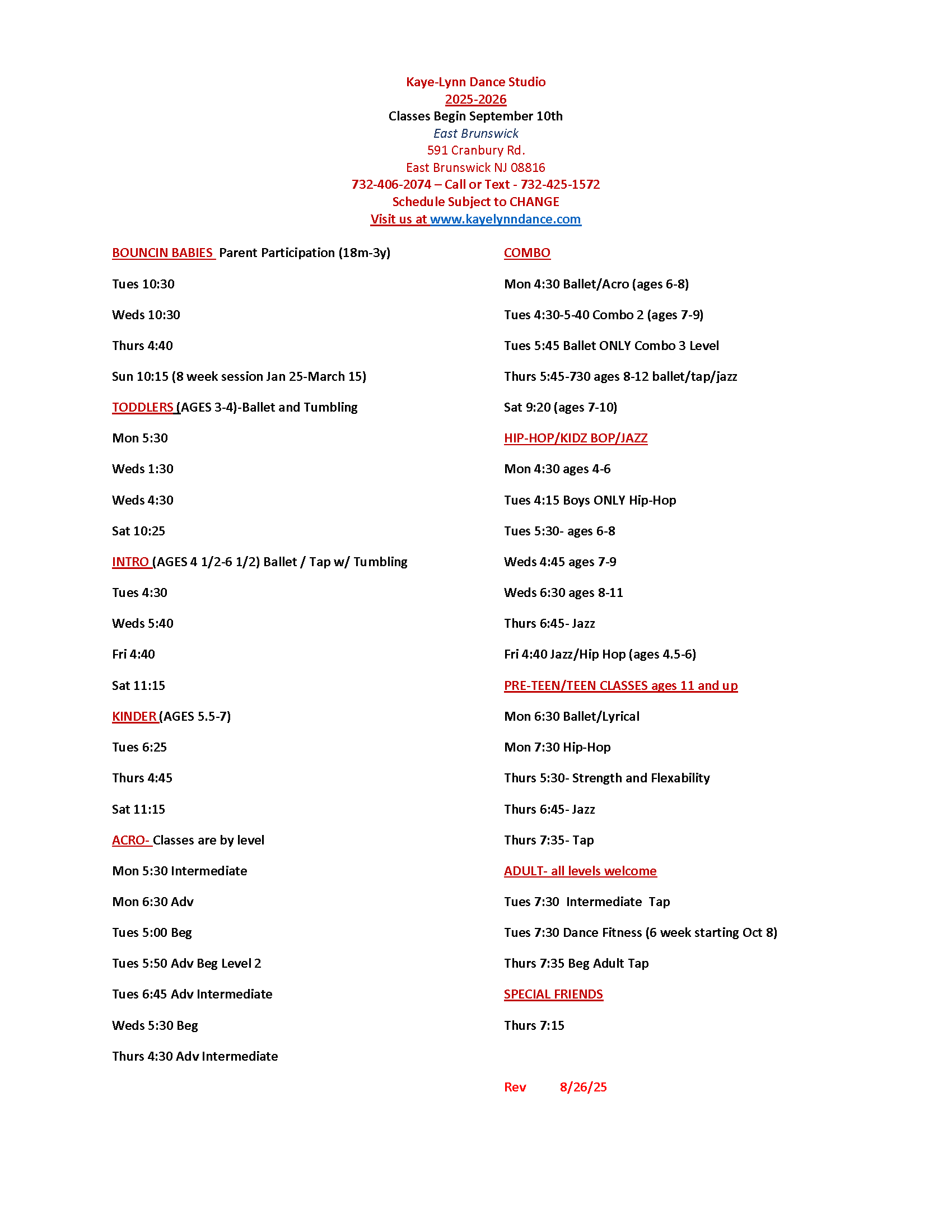 2025-2026 Kaye-Lynn Dance Studio Schedule